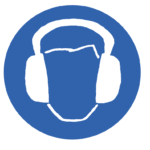White head with ear protectors on blue background