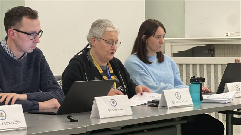 Councillor Fiona Wilson reads out the motion as proposed by MTC, sat next to Cllr Sam Hale and Deputy Clerk Helena Gowler